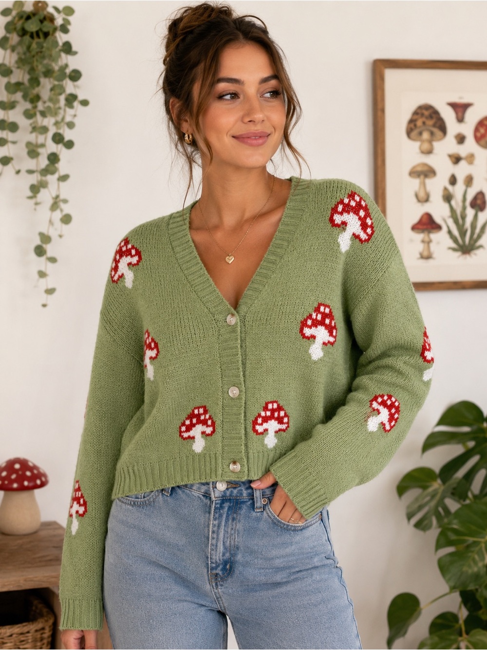 Green Mushroom Pattern V-Neck Cardigan Sweater SHEIN woman’s Small Youth 13-14
